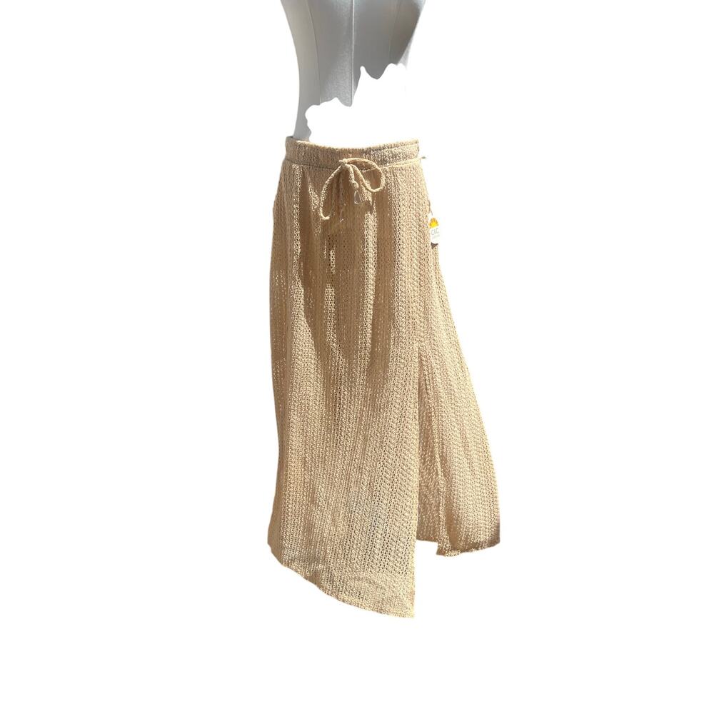 TAHARI DOUBLE SLIT CROCHET NET BOHO SWIMSUIT FLOWY COVERALL SKIRT TAN SZ L